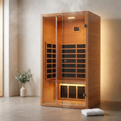 1 Person Extendable FAR Infrared Sauna for Home, Hemlock Wood Low EMF 6 Carbon Heaters Indoor Saunas with LED Lights, Bluetooth Speaker, Digital Control Panel, and Seating Bench