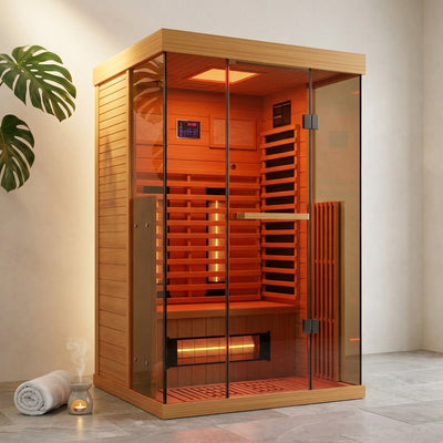 Full Spectrum Infrared Sauna，1-2 Person Home Sauna，Wooden Canadian Hemlock Indoor Spa Sauna with Resonance Speaker, Panoramic Tempered Glass Door
