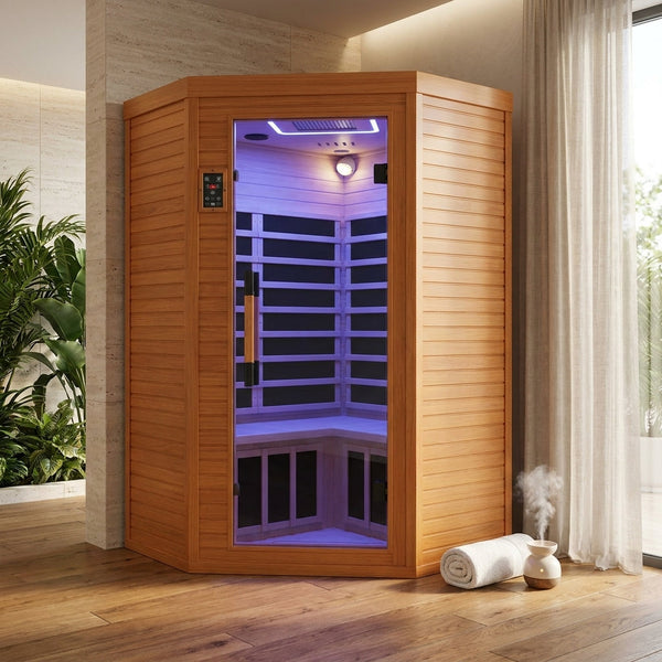 Multifunctional 2-3 Person Infrared Sauna for Home, 2180W Indoor Sauna with 7-Color LED Ambient Light, Red Light Feature, Oxygen Bar, Dual Bluetooth Speakers, 360° Surround Heating — Studio Shot